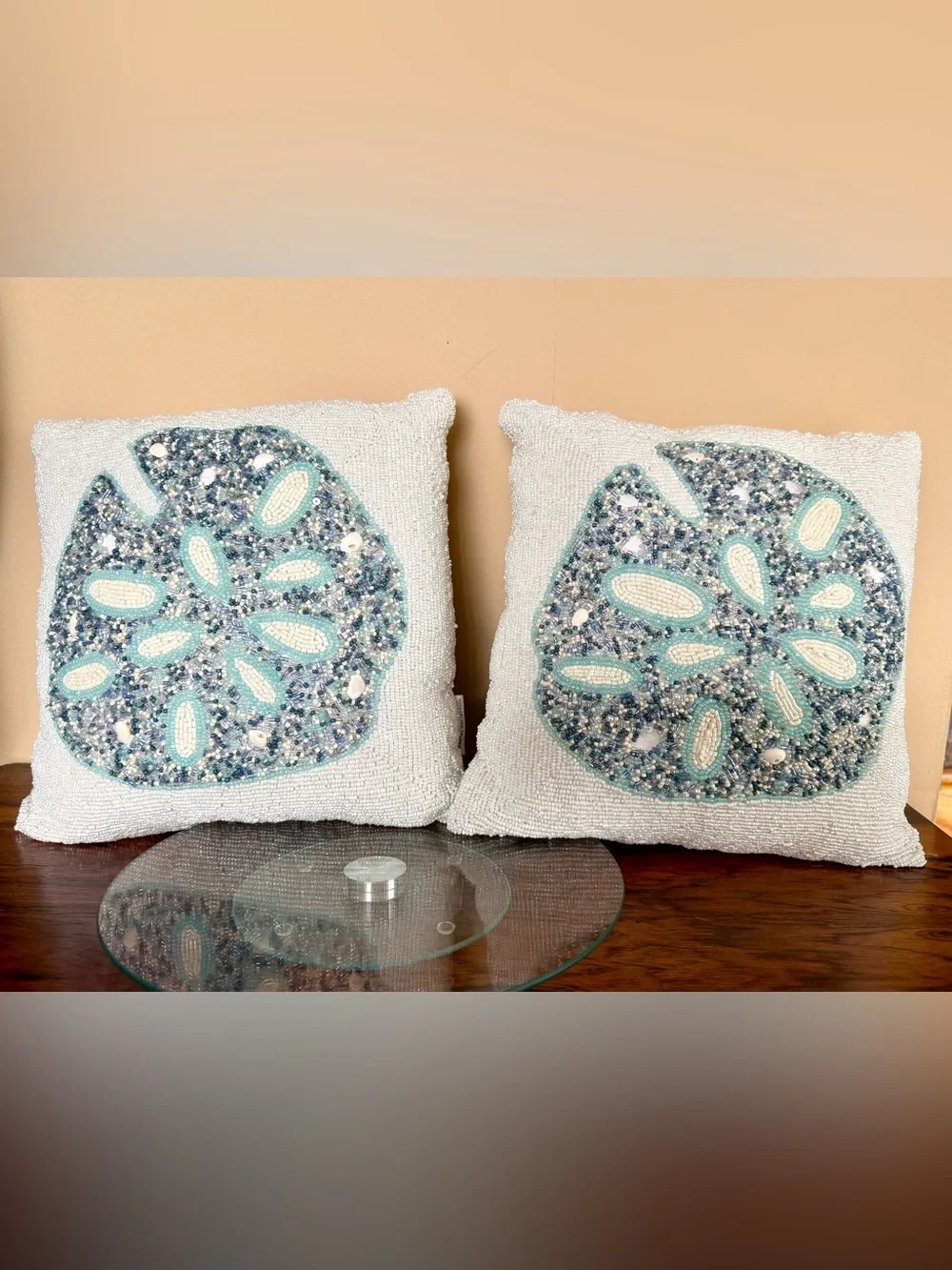 Set of 2 Coastal Collection Beaded Sand Dollar Throw Pillows